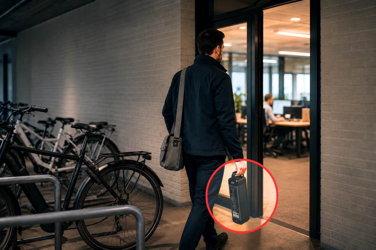 Medewerker draagt een e-bikeaccu vanaf de fietsenstalling mee naar binnen in een kantoorgebouw.