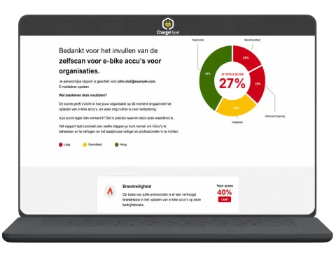Laptop met een voorbeeld van het ChargeHyve zelfscanrapport voor e-bike accu&rsquo;s. Op het scherm staan een cirkeldiagram met een totaalscore en een onderdeel over brandveiligheid. De afbeelding toont de uitslag en verbeterpunten.