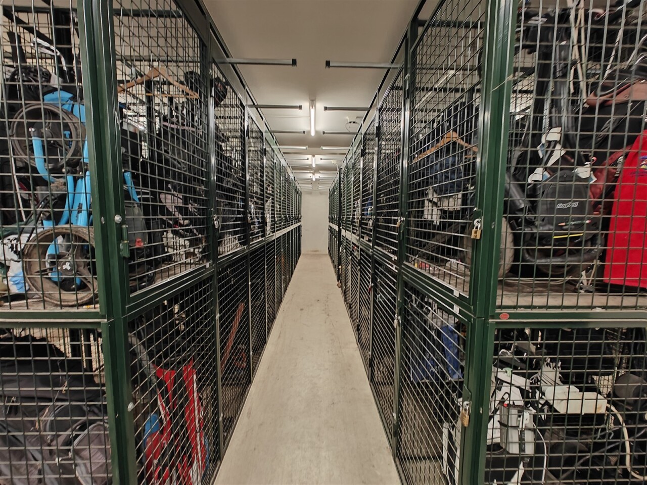 Trolleykooien met golftassen en elektrische trolleys aan weerszijden van een gang